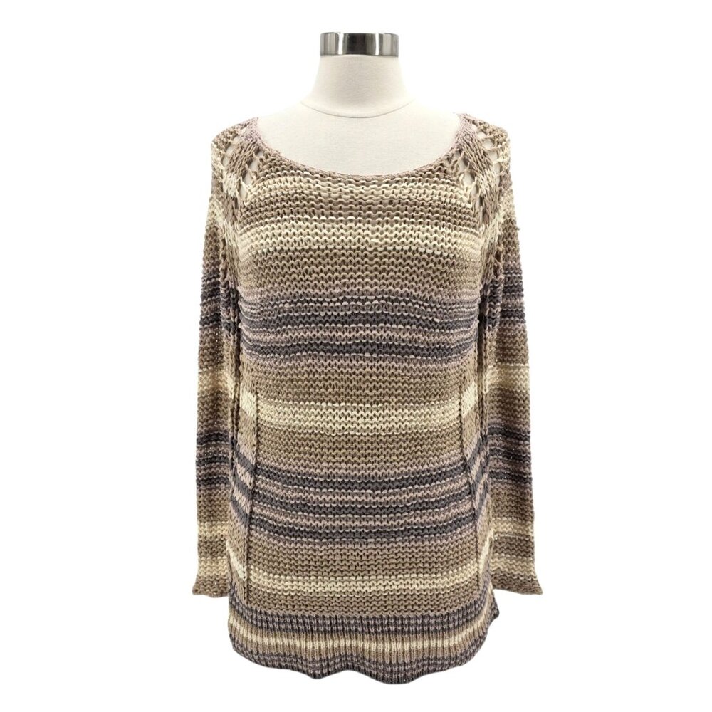 Free People Womens Medium Sweater Desert Moon Open Knit Striped  Tan Gray Taupe